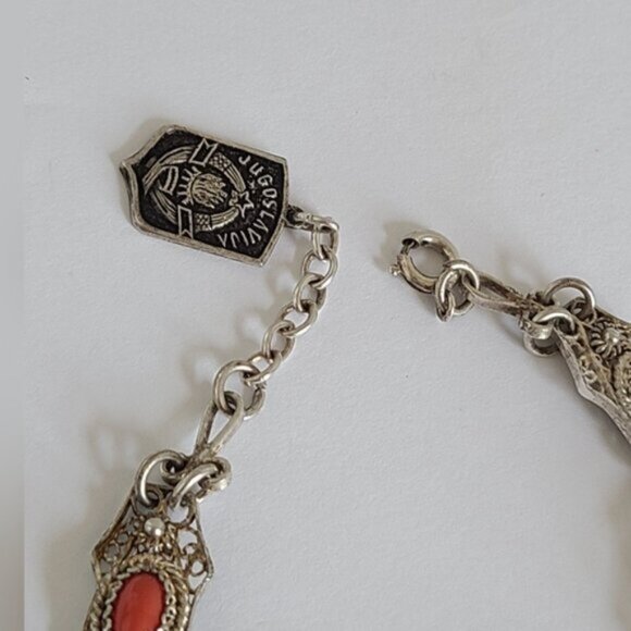 Vintage Antique Boho Sterling Silver Red Coral Cabochon Filigree Chain Bracelet - Picture 15 of 15